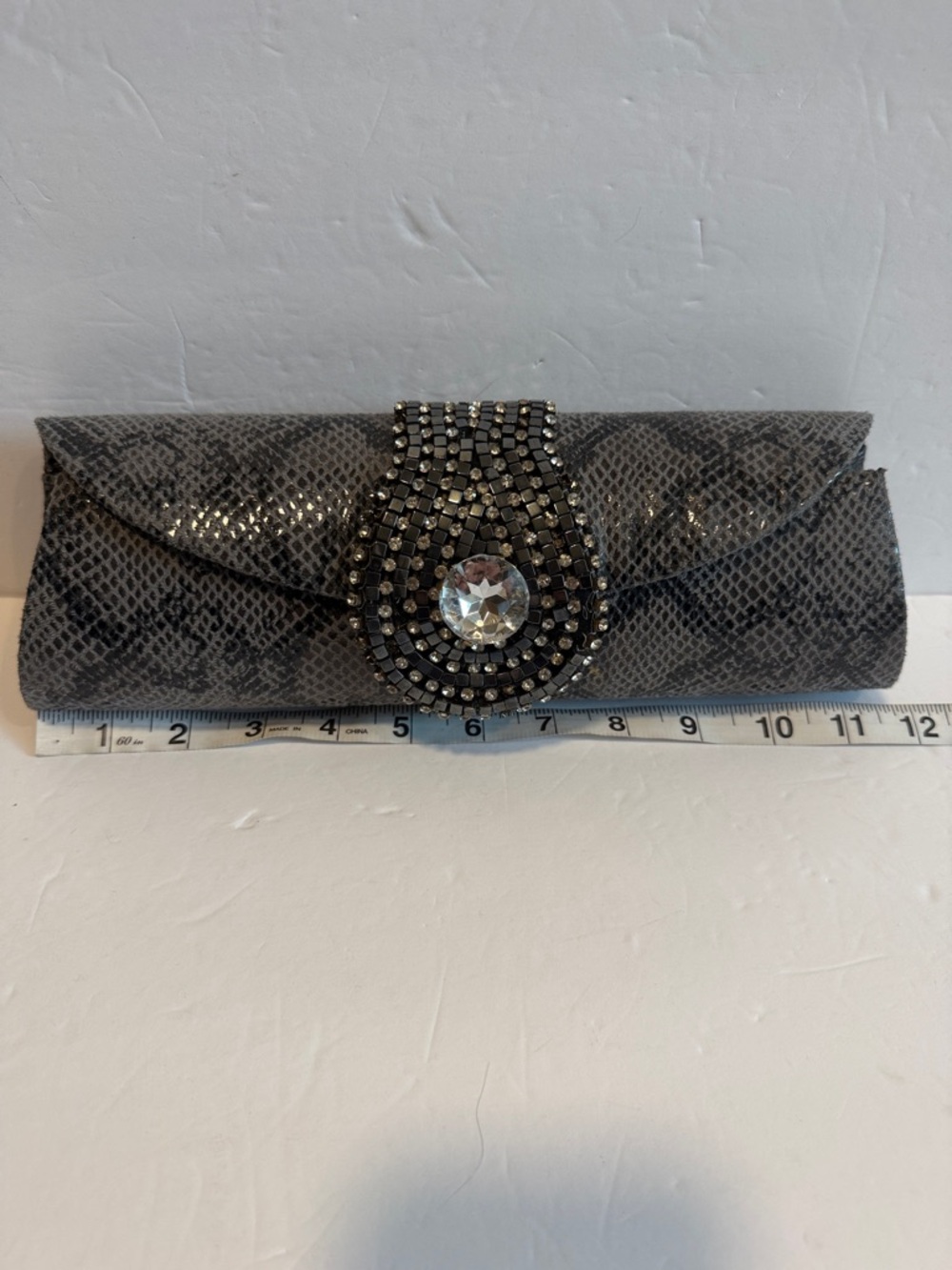 Embellished Gray Snakeskin-Effect Evening Clutch